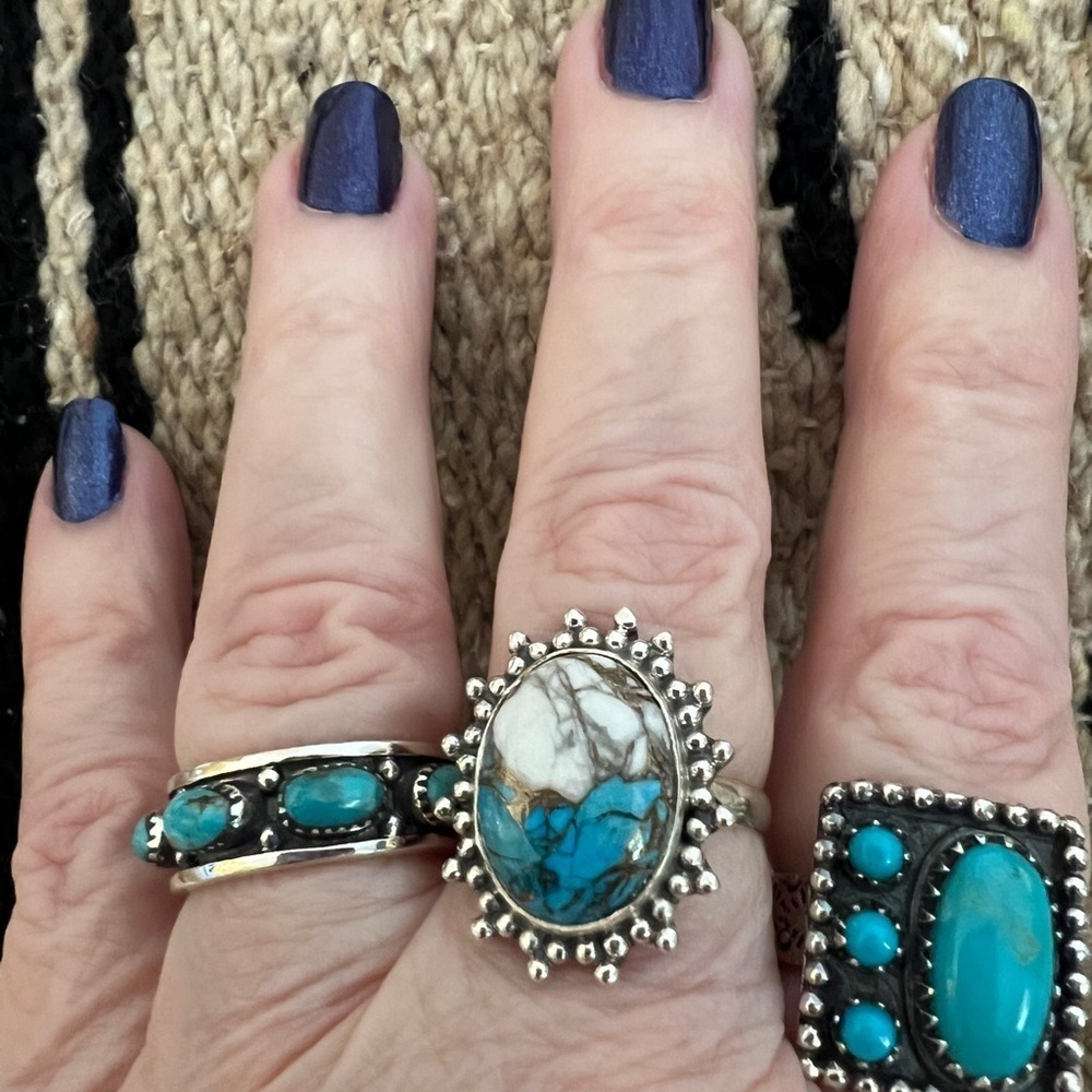 ❤️ Kingman Dahlia Turquoise 925 Navajo Southwestern Size 7.75 Ring 5.6 Gm - Picture 4 of 17